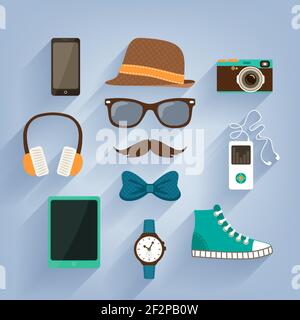 Hipster accessories items set of hat music player shoes and tablet vector illustration Stock Vector