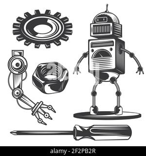Set of robot elements (hand, screwdriver, gears etc.) for creating your own badges, logos, labels, posters etc. Isolated on white. Stock Vector