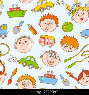 Seamless doodle smiling boys and girls with toys pattern vector illustration Stock Vector