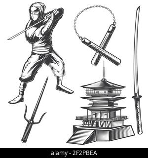 Set of a ninja elements (pagoda, katana, nunchuck etc.) for creating your own badges, logos, labels, posters etc. Isolated on white. Stock Vector