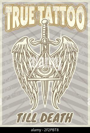 Vintage poster design with illustration of the wings and a sword on the background. Stock Vector