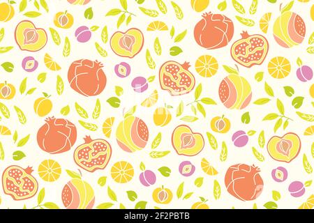 Exotic hawaiian fruit line seamless pattern. Pomegranate, orange, peach apricot, plum wallpaper tropical summer texture. Hand drawn fruit textiles, wallpaper, webdesign. Isolated vector illustration Stock Vector