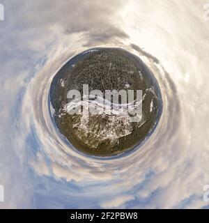 Germany, Thuringia, Gehren, forest, forest roads, valley, brook, snow, Rennsteig environment, aerial view, spherical panorama Stock Photo