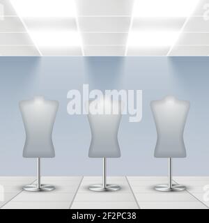 Illuminated department store shop display dress dummies stands vector illustration Stock Vector