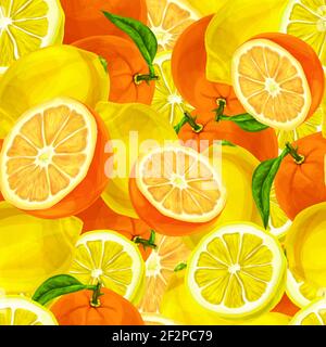 Seamless sliced juicy cut whole lemons and oranges with leaves pattern background vector illustration Stock Vector