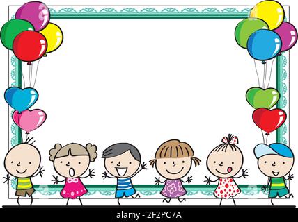 Vector Cartoon Children With Party Border Frame Card Background Stock 