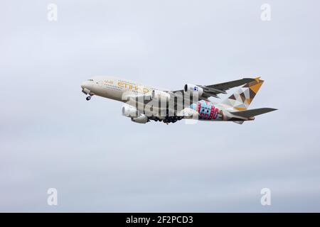 London, Heathrow Airport -Januay 2020 - Etihad Airbus A380 taking off  on its way to Abu Dhabi - image Abdul Quraishi Stock Photo