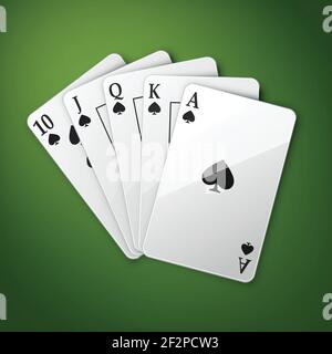 Vector casino playing cards or royal straight flush top view isolated on green poker table Stock Vector