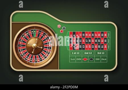 Vector realistic casino roulette table, wheel and chips top view isolated on green background Stock Vector