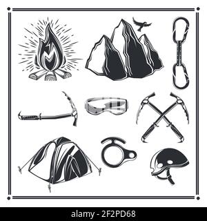 Set of camping elements (mountains, tent, helmet, campfire etc.) for creating your own badges, logos, labels, posters etc. Isolated on white. Stock Vector