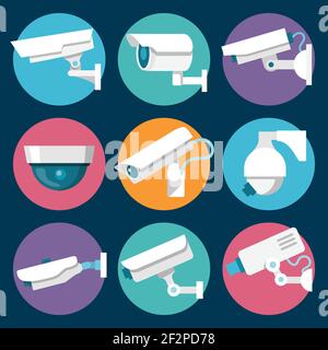 Digital CCTV multiple security cameras color stickers set isolated vector illustration Stock Vector