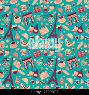 Seamless pattern background with Paris landmarks and France symbols vector illustration Stock Vector