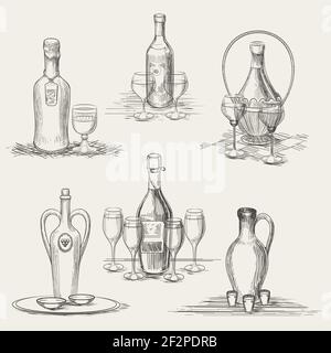 wine bottles and glasses of wine hand drawn vector Stock Vector