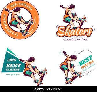 Skateboard vintage color logo set. Label skateboard, badge skateboard, emblem or logo skateboard. Vector illustration Stock Vector