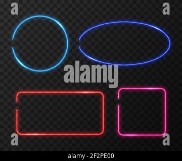 Neon frames vector set on black transparent background. Frame light neon, bright neon, color decoration neon illumination illustration Stock Vector