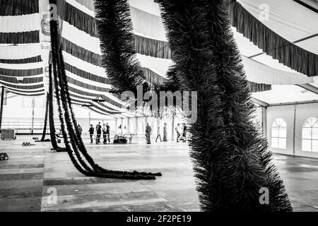 Germany, Bavaria, Antdorf, festival week of the traditional costume association. Interior view of the marquee with garlands. Stock Photo