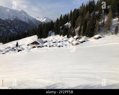 Snow-covered alpine huts, Diasalpe, Alpe Dias, Almmuseum, panoramic view, winter landscape, Kappl ski area, Kappl, Paznauntal, Tyrol, Austria Stock Photo