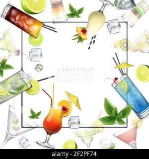Realistic alcoholic beverages template with frame for text alcohol cocktails shot drinks mint leaves ice cubes and fruits slices vector illustration Stock Vector