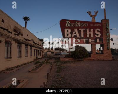Buckhorn Baths in Mesa, Arizona is a closed late 1930's mineral bath and hotel located on Main St. It may be restored in the future. Stock Photo
