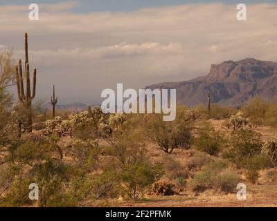 Superstition Mountain in Arizona in black and white and color. Located in the Tonto National Forest, it is a spectacular sight and place for hiking. Stock Photo