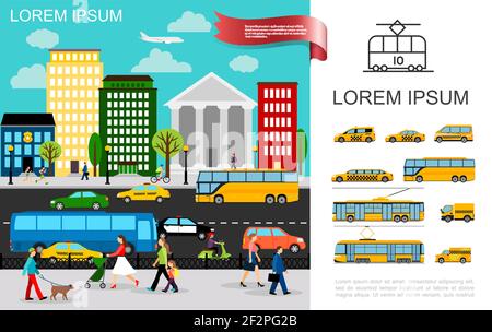Flat transport in city concept with vehicles moving on road and taxi cars bus truck van trolleybus tram vector illustration Stock Vector