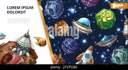 Fantasy planets and asteroids icons for space game. Fantastic colorful ...