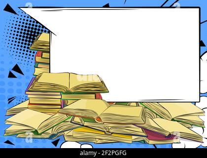 Many old opened books and a big empty banner with copy space. Books in the library. Comic book style vector illustration with blue background. Stock Vector