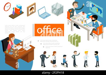 Isometric business people concept with office workers in different poses clock books on shelf photo frame laptop safe money vector illustration Stock Vector