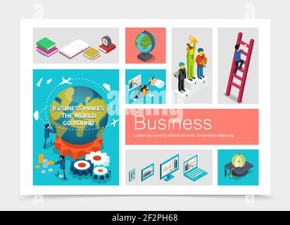 Isometric business elements set with businessmen on pedestal man climbs stairs globe modern devices apple on graduation cap books alarm clock gears ve Stock Vector