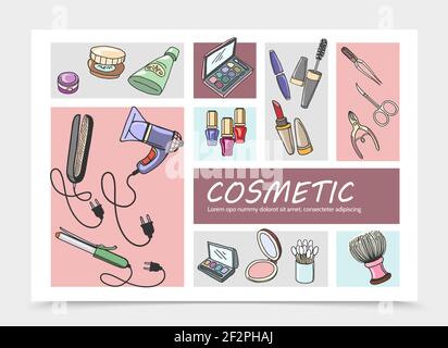 Hand drawn cosmetic elements composition with makeup products manicure accessories cotton buds hairdryer curling iron and hair straightener vector ill Stock Vector