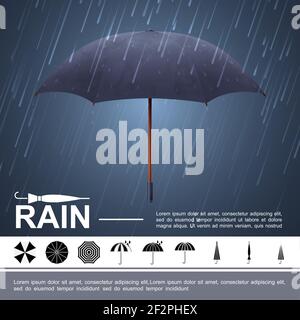 Realistic water storm concept with blue umbrella under falling drops and rain icons vector illustration Stock Vector