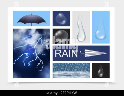 Realistic rain elements composition with lightning umbrella raindrops of different shapes and rain with water ripples isolated vector illustration Stock Vector