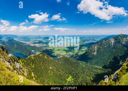 Panorama from Säuling, 2047m, of the Tannheimer Berge, Vils, in the Reutte district in Tyrol, Austria, as well as Falkensteinkamm, Weissensee, Füssen, Hopfensee, Forggensee and Bannwaldsee, Ostallgäu, Bavaria, Germany, Europe Stock Photo