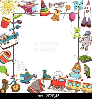 Sketch toys template with frame for text helicopter ship bicycle train submarine doll tank trumpet accordion pyramid rocket robot sun watering can vec Stock Vector