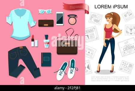 Flat fashion accessories concept with pretty woman wearing shirt jeans shoes and female trendy elements vector illustration Stock Vector