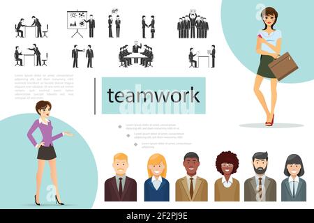 Flat teamwork composition with business people of different ethnicity elegant businesswomen and businessmen in various situations vector illustration Stock Vector