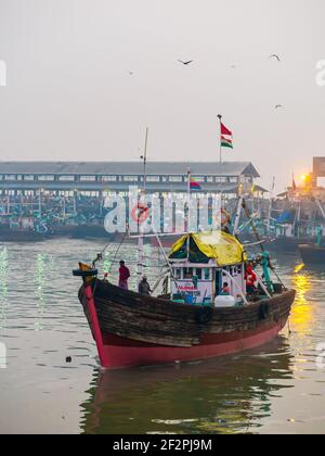 Mumbai, India - January 1, 2021: Fishermans boat at one of the oldest fish market in Mumbai called Bhaucha Dhakka Stock Photo