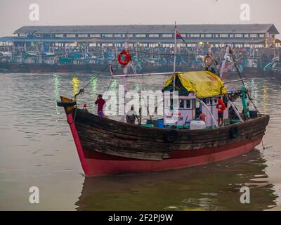 Mumbai, India - January 1, 2021: Fishermans boat at one of the oldest fish market in Mumbai called Bhaucha Dhakka Stock Photo