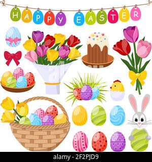 Easter day decorative icons set with colorful eggs bunny chick in eggshell cake bow isolated vector illustration Stock Vector