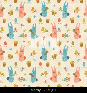Textured happy easter seamless pattern in pastel colors with rabbits flowers eggs carrots and chicks doodle vector illustration Stock Vector