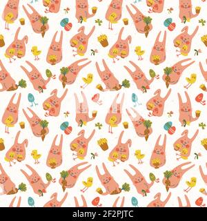 Cute happy easter rabbits with chickens flowers eggs and carrots seamless pattern doodle vector illustration Stock Vector