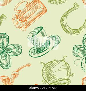 Colorful St Patricks Day seamless pattern with hand drawn traditional symbols and festive elements vector illustration Stock Vector