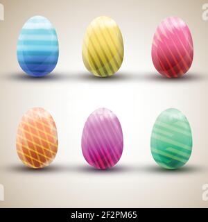 Six colorful striped happy easter eggs icons set isolated on light background flat vector illustration Stock Vector