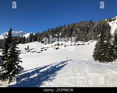 Snow-covered alpine huts, Diasalpe, Alpe Dias, Almmuseum, panoramic view, winter landscape, Kappl ski area, Kappl cable cars, Silvretta, Kappl, Paznauntal, Tyrol, Austria Stock Photo