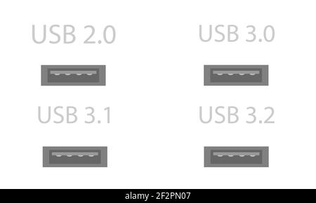 A set of USB connectors in a simple gray design with signed versions of the Bluetooth data transfer protocol. View in the section of the plane. Flat Stock Vector