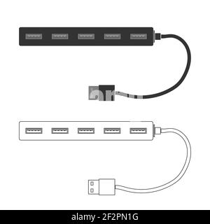 A set of USB splitters with ports and cable. A splitter for your computer or laptop. Flat vector illustration Stock Vector