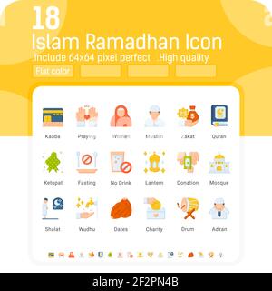 Islam ramadhan flat color icons vector set. Isolated on white background. Ramadhan icon with flat style. Islam ramadhan symbols emblems signs Stock Vector