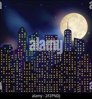 Night cityscape with skyscrapers and a full moon. Mystical moon green ...