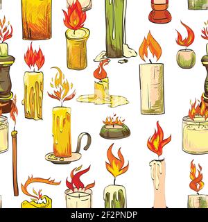 Vintage retro wax flame colorful sketch candles seamless pattern vector illustration Stock Vector