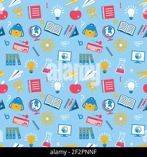 Education knowledge seamless pattern with atom globe notebook vector illustration Stock Vector